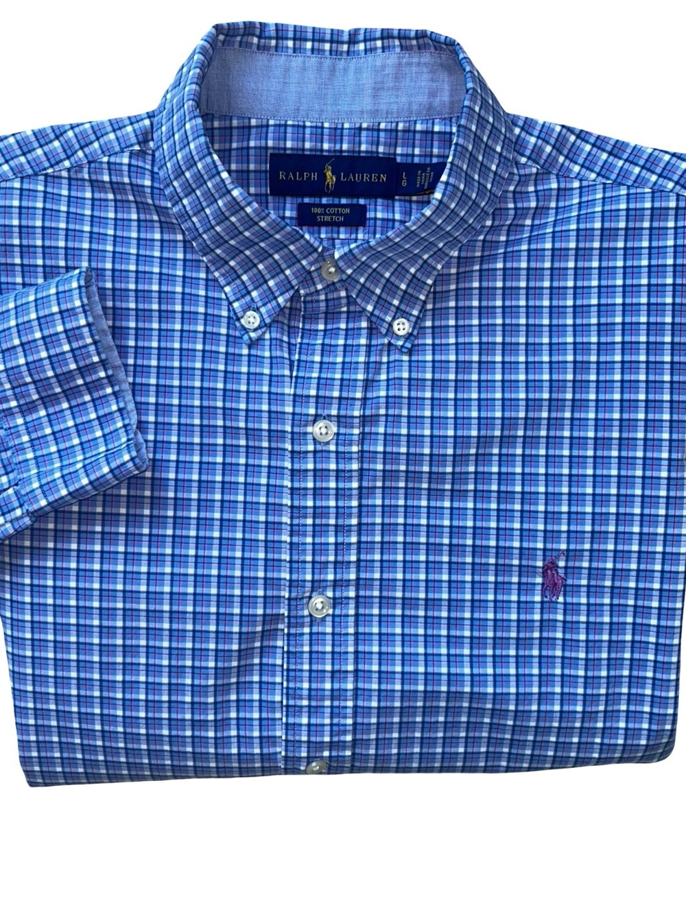 Ralph Lauren Navy, Blue & White Plaid Cotton Stretch Button Down Shirt L
